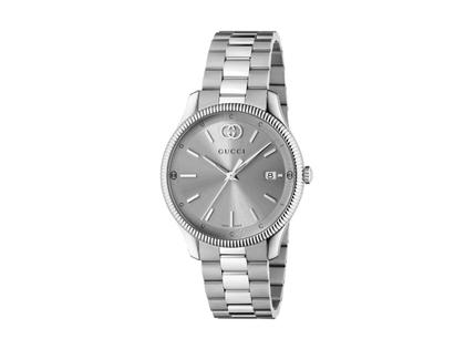 Herrenuhren Uhr mit Datum aus Edelstahl. Das Gehäuse ist rund und silber. Das Edelstahlarmband ist silber. Das Zifferblatt ist ein Index in silber.