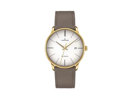 Junghans Meister Classic Automatik Edelstahl PVD-Gelbgold 38mm weißes Zifferblatt braunes Lederband – Herrenuhren Uhr mit Datum aus Edelstahl und PVD beschichtet. Das Gehäuse ist rund und gelbgold. Das Lederarmband ist braun. Das Zifferblatt ist ein Index in weiß.
