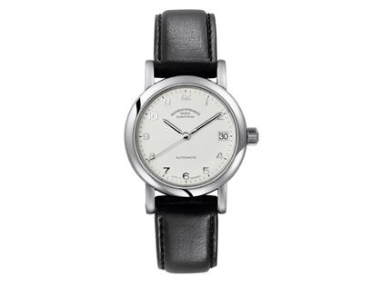 Mühle Glashütte Antaria Medium mit Datum weiß – Damenuhren Uhr mit Datum aus Edelstahl. Das Armband ist ein Lederarmband. Der Zifferblatt ist arabisch.