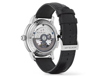 Montblanc Star Legacy Nicolas Rieussec Monopusher Automatik Chronograph Meisterstück 100 Jahre Limited Edition – Herrenuhren Chronograph aus Edelstahl. Das Gehäuse ist rund und silber. Das Lederarmband ist schwarz. Das Zifferblatt ist arabisch und schwarz. – Ansicht 4