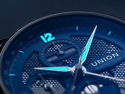 Union Glashütte Belisar Chronograph Mondphase Automatik Edelstahl 42mm blaues Zifferblatt Metallband – Herrenuhren Chronograph aus Edelstahl. Das Gehäuse ist rund und silber. Das Edelstahlarmband ist silber. Das Zifferblatt ist arabisch Index und blau. – Ansicht 3