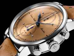 Erwin Sattler Chronograph 66 Automatik Edelstahl 44mm bronzefarbenes Zifferblatt braunes Lederband limitiert – Herrenuhren Chronograph aus Bronze, Edelstahl und Leder. Das Gehäuse ist rund und silber. Das Lederarmband ist braun. Das Zifferblatt ist arabisch Index und bronze. – Ansicht 3