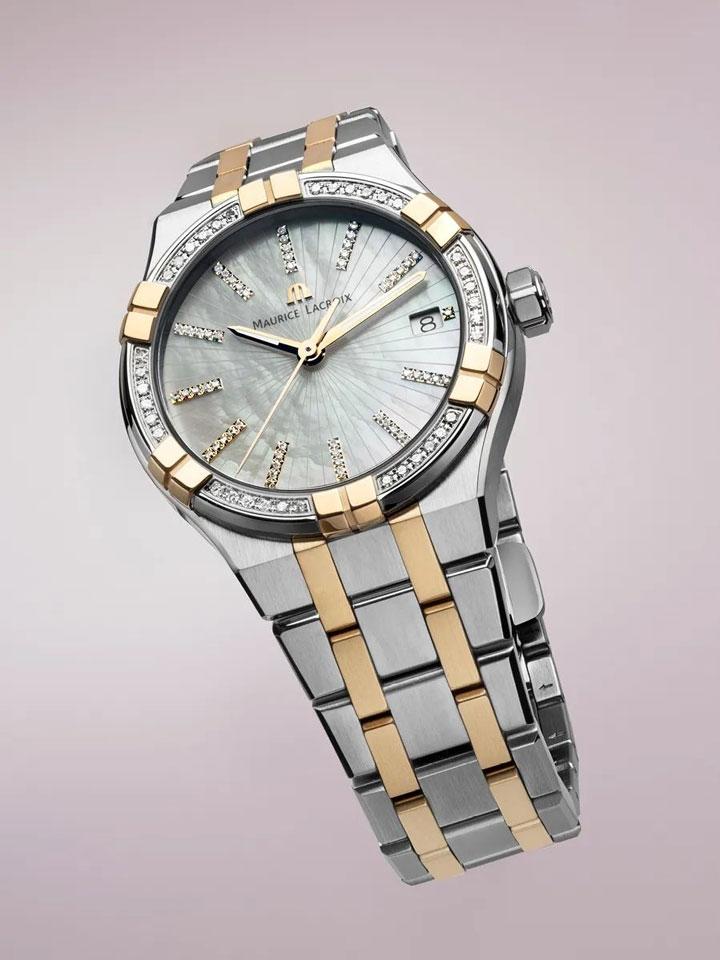 Maurice Lacroix Aikon Quarz Edelstahl 35mm weißes Zifferblatt zweifarbiges Metallband – Damenuhren Uhr mit Datum aus Edelstahl, PVD beschichtet und vergoldet. – Ansicht 2