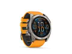 Garmin fenix 8 51mm AMOLED faserverstärktes Polymer Titan graphitfarben beschichtet oranges Kautschukband – Herrenuhren Uhr Multifunktion aus DLC beschichtet, Kautschuk und Titan. Das Gehäuse ist rund und grau. Das Kautschuk / Kunststoff / Silikon Armband ist orange. Das Zifferblatt ist digital und schwarz. – Ansicht 8