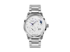 Glashütte Original PanoMaticLunar Automatik Edelstahl 40mm silbernes Zifferblatt Metallband – Herrenuhren Uhr mit Datum aus Edelstahl und Leder. Das Gehäuse ist rund und silber. Das Edelstahlarmband ist silber. Das Zifferblatt ist ein Index in silber.