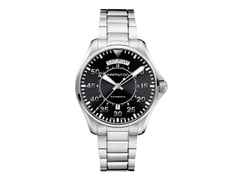 Hamilton Khaki Aviation Pilot Day Date Auto Edelstahl 42 mm schwarzes Zifferblatt Metallband – Herrenuhren Uhr mit Datum aus Edelstahl. Das Gehäuse ist rund und silber. Das Edelstahlarmband ist braun. Das Zifferblatt ist arabisch Index und schwarz.