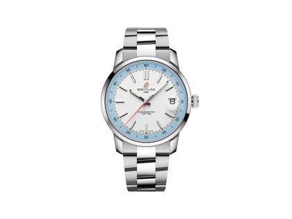Breitling Top Time B31 Automatik Edelstahl 38mm weißes Zifferblatt Metallband – Herrenuhren Uhr mit Datum aus Edelstahl. Das Gehäuse ist rund und silber. Das Edelstahlarmband ist silber. Das Zifferblatt ist ein Index in weiß.