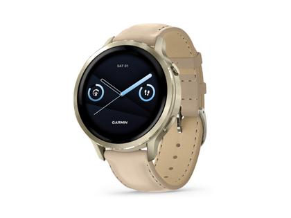 Garmin Venu 4 Quarz Edelstahl und Polymer Lunargold 41mm digitales Zifferblatt beiges Lederband – Herrenuhren Uhr Multifunktion aus Edelstahl, Faserverstärktes Polymer und PVD beschichtet. Das Gehäuse ist rund und gelbgold. Das Lederarmband ist beige. Das Zifferblatt ist digital und schwarz. – Ansicht 2