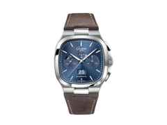 Glashütte Original Seventies Chronograph Panoramadatum Automatik Edelstahl 40mm blaues Zifferblatt braunes Lederband – Herrenuhren Chronograph aus Edelstahl. Das Gehäuse ist quadratisch und silber. Das Lederarmband ist braun. Das Zifferblatt ist ein Index in blau.