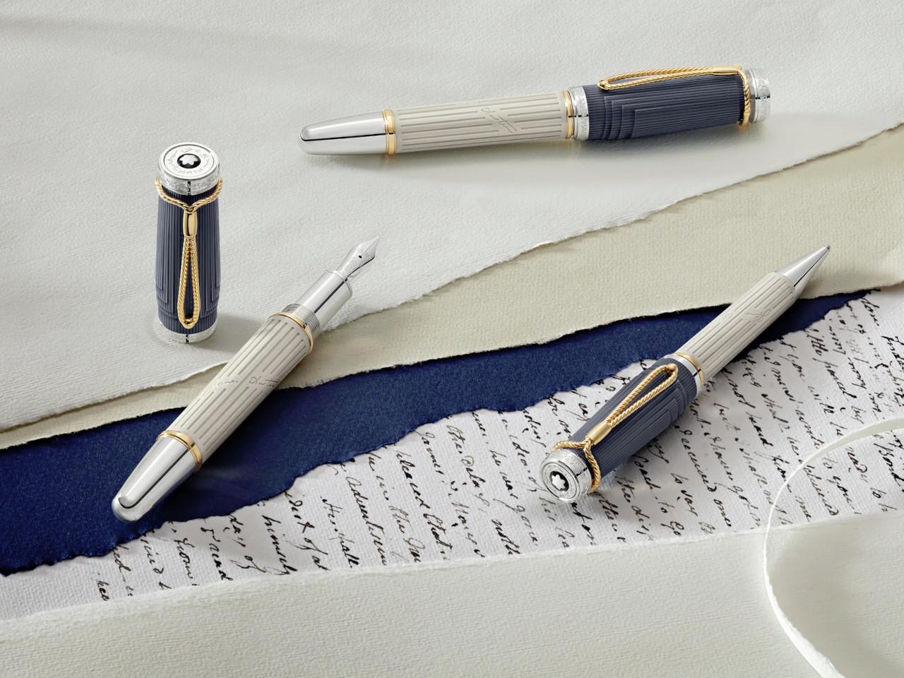 Montblanc Writers Edition                    2024: Jane Austen Limited Edition  3er Set – Schreibgeräte Füllfederhalter in beige und aus 750 Gelbgold, Edelharz, Metall, platiniert, rhodiniert und vergoldet. – Ansicht 7