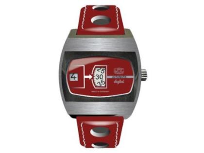 UMF Ruhla Scheibenuhr Automatik mit springender Stunde Edelstahl 41mm rotes Zifferblatt rotes Lederband limitiert – Herrenuhren Uhr ohne Datum aus Edelstahl und Leder. Das Gehäuse ist tonneauform und silber. Das Lederarmband ist rot. Das Zifferblatt ist digital und rot. – Ansicht 2