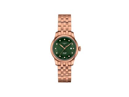 Tissot LeLocle Automatik Edelstahl Roségold-PVD 29mm grünes Zifferblatt mit Diamanten Metallband – Damenuhren Uhr mit Datum aus 750 Rotgold, Edelstahl und PVD beschichtet. Das Gehäuse ist rund und roségold. Das Edelstahlarmband ist roségold. Das Zifferblatt ist ein Index in grün.