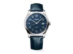 Longines Master Collection Automatik Edelstahl 41mm blaues Zifferblatt blaues Lederband – Herrenuhren Uhr mit Datum aus Edelstahl und Leder. Das Gehäuse ist rund und silber. Das Lederarmband ist blau. Das Zifferblatt ist arabisch und blau.