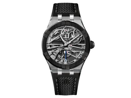 Maurice Lacroix Aikonic Master Grand Date Retrograde Automatik Edelstahl 43mm skelettiertes Zifferblatt schwarzes Kautschukband limitiert – Herrenuhren Uhr mit Datum aus Edelstahl, Kautschuk, Keramik und Leder. Das Gehäuse ist rund und silber. Das Kautschuk / Kunststoff / Silikon Armband ist schwarz. Das Zifferblatt ist skelettiert und grau.