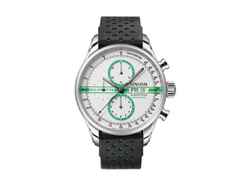 Union Glashütte Viro Chronograph Silvretta Classic 2022 Limited Edition Automatik Edelstahl 44mm weiß-grünes Zifferblatt schwarzes Lederband – Herrenuhren Chronograph aus Edelstahl. Das Gehäuse ist rund und silber. Das Lederarmband ist schwarz. Das Zifferblatt ist ein Index in grün.