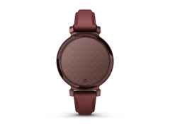 Garmin Lily 2 Smartwatch Aluminium eloxiert 35mm dunkelbronzefarbenes Display bordeauxfarbenes Lederband – Damenuhren Uhr Multifunktion aus eloxiertes Aluminium, Kunststoff und Leder. Das Gehäuse ist rund und rot. Das Lederarmband ist rot. Das Zifferblatt ist digital und rot. – Ansicht 4