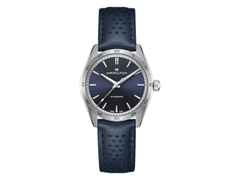 Hamilton Jazzmaster Performer Auto Edelstahl 38mm dunkelblaues Zifferblatt dunkelblaues Lederband – Herrenuhren Uhr ohne Datum aus Edelstahl und Leder. Das Gehäuse ist rund und silber. Das Lederarmband ist blau. Das Zifferblatt ist ein Index in blau.