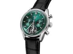 TAG Heuer Carrera Chronograph Tourbillon Automatik Edelstahl 42mm grünes Zifferblatt schwarzes Lederband – Herrenuhren Chronograph aus Edelstahl und Leder. Das Gehäuse ist rund und silber. Das Lederarmband Kroko / Alligator ist schwarz. Das Zifferblatt ist ein Index in grün. – Ansicht 2