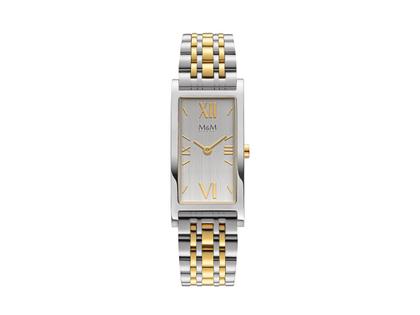M&M Banana Quarz Edelstahl IP-Gelbgold 42x20mm silbernes Zifferblatt Metallband bicolor – Damenuhren Uhr ohne Datum aus Edelstahl, IP beschichtet und vergoldet. Das Gehäuse ist rechteckig und silber-gelbgold. Das vergoldetes Edelstahlarmband ist silber-gelbgold. Das Zifferblatt ist römisch Index und silber.