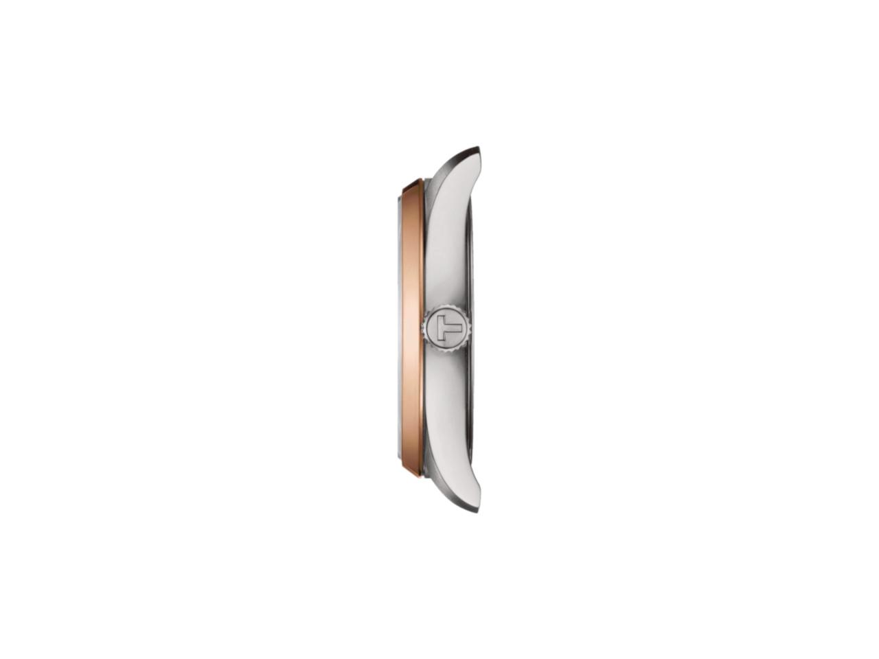 Tissot PR 100 Quarz Edelstahl 34mm weißes Perlmutt-Zifferblatt cremefarbenes Lederband – Damenuhren Uhr mit Datum aus Edelstahl und Leder. Das Gehäuse ist rund und silber. Das Lederarmband ist beige. Das Zifferblatt ist ein Index in weiß. – Ansicht 2