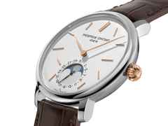 Frederique Constant Manufacture Slimline Moonphase Date Automatik Edelstahl 42mm silbernes Zifferblatt braunes Lederband limitiert – Herrenuhren Uhr mit Datum aus Edelstahl und Leder. Das Gehäuse ist rund und silber. Das Lederarmband Kroko / Alligator ist braun. Das Zifferblatt ist ein Index in silber. – Ansicht 3