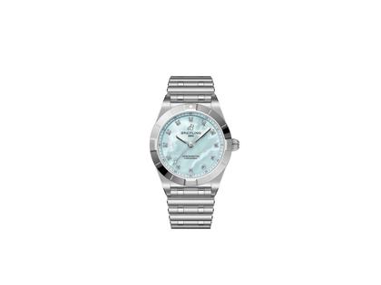 Breitling Chronomat 28 Quarz Edelstahl blaues Perlmutt-Zifferblatt Metallband – Damenuhren Uhr ohne Datum aus 750 Rotgold und Edelstahl. Das Gehäuse ist rund und silber. Das Edelstahlarmband ist silber. Das Zifferblatt ist ein Index in blau.