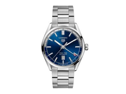 Herrenuhren Uhr mit Datum aus Edelstahl. Das Gehäuse ist rund und silber. Das Edelstahlarmband ist silber. Das Zifferblatt ist ein Index in blau.