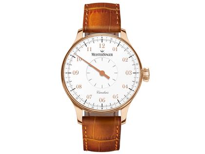 MeisterSinger Circularis Rotgold weiß – Herrenuhren Uhr ohne Datum aus 750 Rotgold. Das Gehäuse ist rund und roségold. Das Lederarmband Kroko / Alligator ist braun. Das Zifferblatt ist arabisch und blau.