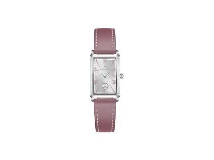 Hamilton Ardmore Quartz Edelstahl 19x27mm silbernes Zifferblatt pinkes Lederband – Damenuhren Uhr ohne Datum aus Edelstahl. Das Gehäuse ist rechteckig und silber. Das Lederarmband ist pink. Das Zifferblatt ist römisch und silber.