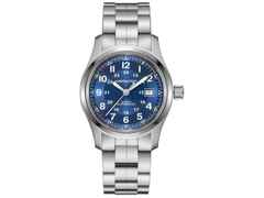 Hamilton Khaki Field Automatik Edelstahl 42mm blaues Zifferblatt Metallband – Herrenuhren Uhr ohne Datum aus Edelstahl. Das Gehäuse ist rund und silber. Das Edelstahlarmband ist silber. Das Zifferblatt ist arabisch und blau.