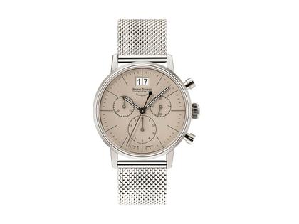 Bruno Söhnle Glashütte Stuttgart   Chrono Small Edelstahl taupe Edelstahlband – Damenuhren Chronograph aus Edelstahl. Das Gehäuse ist rund und silber. Das Edelstahlarmband ist silber. Das Zifferblatt ist ein Index in grau.