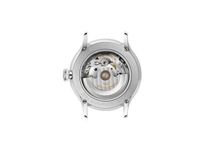 MeisterSinger Lunascope Automatik Edelstahl blaues Zifferblatt, braunes Lederband – Herrenuhren Uhr mit Datum aus Edelstahl. Das Gehäuse ist rund und silber. Das Lederarmband ist braun. Das Zifferblatt ist arabisch und blau. – Ansicht 2