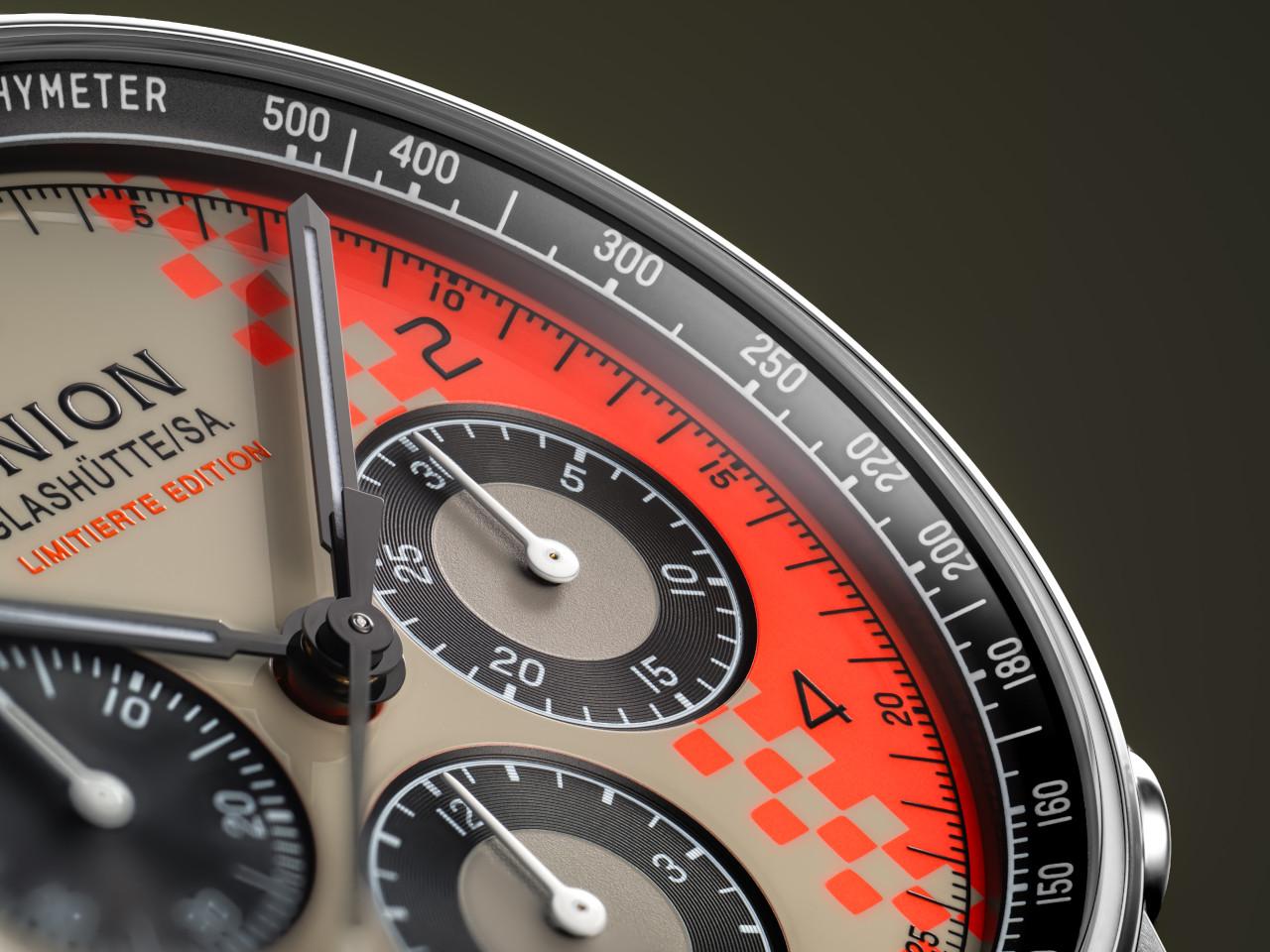 Union Glashütte Belisar Chronograph Speedster 2026 Limited Edition Automatik Edelstahl 40mm beiges Zifferblatt schwarzes Lederband Metallband – Herrenuhren Chronograph aus Edelstahl und Leder. Das Gehäuse ist rund und silber. Das Lederarmband ist schwarz. Das Zifferblatt ist arabisch Index und beige. – Ansicht 2