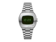 Hamilton PSR Edelstahl grünes Display – Herrenuhren Uhr ohne Datum aus Edelstahl. Das Gehäuse ist sonstige Form und silber. Das Edelstahlarmband ist silber. Das Zifferblatt ist digital und schwarz.