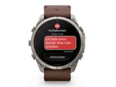 Garmin Fenix 9 Pro inReach Titan 51mm digitales Display braunes Lederband – Herrenuhren Uhr Multifunktion aus Leder und Titan. Das Gehäuse ist rund und grau. Das Lederarmband ist braun. Das Zifferblatt ist digital und schwarz.