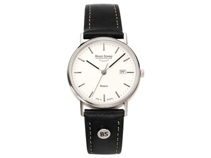 Bruno Söhnle Glashütte Rondo Quarz Edelstahl 30mm weißes Zifferblatt schwarzes Lederband – Damenuhren Uhr mit Datum aus Edelstahl und Leder. Das Gehäuse ist rund und silber. Das Lederarmband ist schwarz. Das Zifferblatt ist ein Index in weiß.