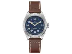 Hamilton Khaki Field Expedition Automatik Edelstahl 41mm dunkelblaues Zifferblatt braunes Lederband – Herrenuhren Uhr ohne Datum aus Edelstahl und Leder. Das Gehäuse ist rund und silber. Das Edelstahlarmband ist braun. Das Zifferblatt ist arabisch und blau.