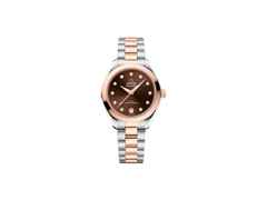 Omega Seamaster Aqua Terra 150M Automatik Edelstahl und Rotgold 30mm braunes Zifferblatt mit Diamanten Metallband – Damenuhren Uhr mit Datum aus 750 Rotgold und Edelstahl. Das Gehäuse ist rund und silber-rotgold. Das Edelstahlarmband mit Gold ist silber-rotgold. Das Zifferblatt ist ein Index in braun.