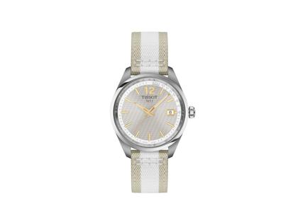 Tissot PR 100 Quarz Edelstahl 34mm graues Zifferblatt beiges Textilband – Damenuhren Uhr mit Datum aus Edelstahl. Das Gehäuse ist rund und silber. Das Textilarmband ist beige. Das Zifferblatt ist ein Index in grau.