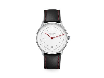 Sternglas Naos Edition Bremen Quarz Edelstahl 38mm weißes Zifferblatt schwarzes Lederband – Herrenuhren Uhr mit Datum aus Edelstahl. Das Gehäuse ist rund und silber. Das Lederarmband ist schwarz. Das Zifferblatt ist arabisch Index und weiß.