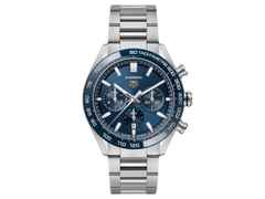 TAG Heuer Carrera Chronograph Automatik Edelstahl 44mm blaues Zifferblatt Metallband – Herrenuhren Chronograph aus Edelstahl und Keramik. Das Gehäuse ist rund und silber. Das Edelstahlarmband ist silber. Das Zifferblatt ist ein Index in blau.