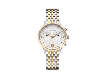 Bruno Söhnle Glashütte Bologna Chronograph Quarz Edelstahl 35mm weißes Zifferblatt mit Brillanten Metallband – Damenuhren Chronograph aus Edelstahl und IP beschichtet. Das Gehäuse ist rund und silber. Das Edelstahlarmband ist silber-gelbgold. Das Zifferblatt ist ein Index in weiß.