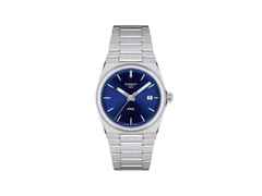 Tissot PRX Quarz Edelstahl 35mm blaues Zifferblatt Metallband – Damenuhren Uhr mit Datum aus Edelstahl. Das Gehäuse ist rund und silber. Das Edelstahlarmband ist silber. Das Zifferblatt ist ein Index in blau.