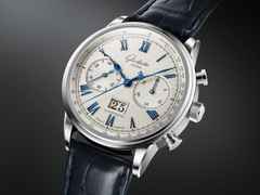 Glashütte Original Senator Chronograph Automatik Edelstahl 41mm weißes Zifferblatt  blaues Lederband – Herrenuhren Chronograph aus Edelstahl und Leder. Das Gehäuse ist rund und silber. Das Lederarmband ist blau. Das Zifferblatt ist römisch Index und silber. – Ansicht 5