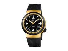 Mühle Glashütte S.A.R. Rescue-Timer Gold Limited Edition Automatik Gelbgold 42mm schwarzes Zifferblatt schwarzes Kautschukband – Herrenuhren Uhr mit Datum aus 750 Gelbgold, Edelstahl und PVD beschichtet. Das Gehäuse ist rund und gelbgold. Das Kautschuk / Kunststoff / Silikon Armband ist schwarz. Das Zifferblatt ist ein Index in schwarz.
