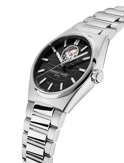 Frederique Constant Highlife Heart Beat Automatic Chronometer Edelstahl 41mm schwarzes Zifferblatt Metallband und Kautschukband – Herrenuhren Uhr ohne Datum aus Edelstahl und Kautschuk. Das Gehäuse ist rund und silber. Das Edelstahlarmband ist silber. Das Zifferblatt ist ein Index in schwarz. – Ansicht 2