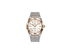 Breitling Chronomat 32 Quarz Edelstahl weißes Zifferblatt mit Brillanten zweifarbiges Metallband – Damenuhren Uhr mit Datum aus 750 Rotgold und Edelstahl. Das Gehäuse ist rund und roségold. Das Edelstahlarmband mit Gold ist silber-roségold. Das Zifferblatt ist ein Index in weiß.