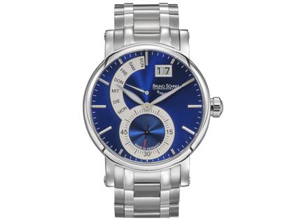 Bruno Söhnle Glashütte Pesaro II Quarz Edelstahl 43mm blaues Zifferblatt Metallband – Herrenuhren Uhr mit Datum aus Edelstahl. Das Gehäuse ist rund und silber. Das Edelstahlarmband ist silber. Das Zifferblatt ist ein Index in blau.