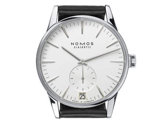 Nomos Glashütte Zürich Datum Automatik Edelstahl 40mm weißes Zifferblatt schwarzes Lederband – Herrenuhren Uhr mit Datum aus Edelstahl und Leder. Das Gehäuse ist rund und silber. Das Lederarmband ist schwarz. Das Zifferblatt ist ein Index in silber. – Ansicht 2