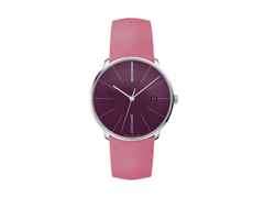 Junghans Meister Fein Automatic Edelstahl 39,5mm pinkes Zifferblatt rosa Lederband – Damenuhren Uhr mit Datum aus Edelstahl und Leder. Das Gehäuse ist rund und silber. Das Lederarmband ist rosa. Das Zifferblatt ist ein Index in pink.